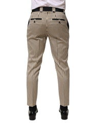 Beige Black Striped Cotton Slim Fit Trousers Pants
