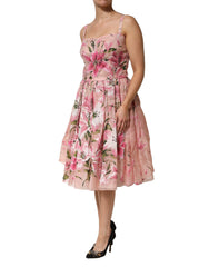 Pink Cotton Floral Pleated Sleeveless Dress