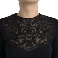 Black Silk Lace Trim Long Sleeves Blouse Top