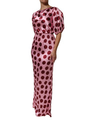 Pink Red Polka Dot Silk Satin Maxi Gown Dress