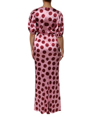 Pink Red Polka Dot Silk Satin Maxi Gown Dress