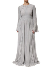 Gray Pleated Maxi Long Sleeve Silk Blend Gown Dress