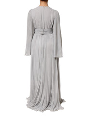 Gray Pleated Maxi Long Sleeve Silk Blend Gown Dress