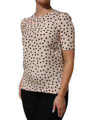 Beige Black Polka Dot Silk Short Sleeve Blouse Top
