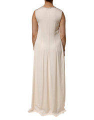 Beige Viscose Pleated Sleeveless Long Maxi Dress