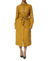 Polyester Belted Shirt Midi Long Sleeve Mustard Yellow