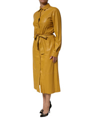 Polyester Belted Shirt Midi Long Sleeve Mustard Yellow