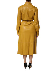 Polyester Belted Shirt Midi Long Sleeve Mustard Yellow