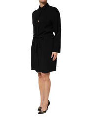 Black Viscose Blend Shirt Style Belted Dress