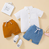 Boy's Short-sleeved Shirt Top Solid Color Shorts Two-piece Suit
