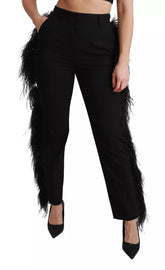 Black Feather Straight High Waist Pants