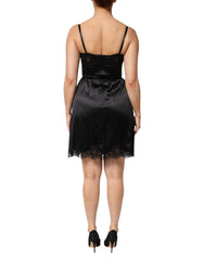 Black Silk Blend Lace Trim Sleeveless Mini Dress