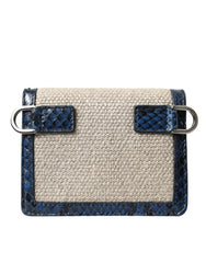 Beige Raffia Blue Leather Trim Mini Shoulder Purse Crossbody Bag