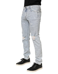 Light Blue Distressed Slim Fit Ripped Denim Jeans