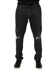 Black Cotton Slim Fit Distressed Ripped Logo Jeans