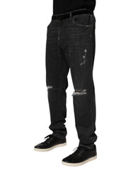 Black Cotton Slim Fit Distressed Ripped Logo Jeans