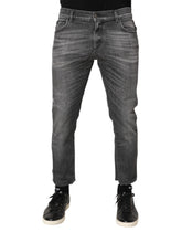 Gray Cotton Denim Slim Fit Distressed Pants Jeans