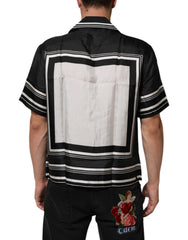 Black White StripeDot Print Casual Polo Shirt