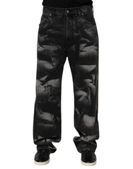 Black Marbled Effect Straight Men Denim Jeans