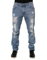 Blue Tattered Slim Fit Cotton Denim Jeans