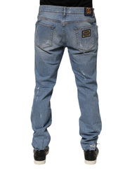 Blue Tattered Slim Fit Cotton Denim Jeans