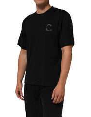 Black Logo Patch Cotton Men Crew Neck T-Shirt