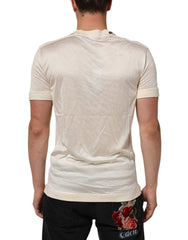 Off White Silk Crew Neck Short Sleeve T-Shirt