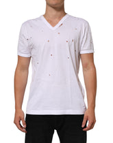 White Distressed Cotton V Neck Men T-Shirt