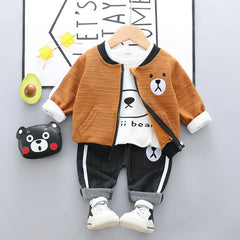 Children's Pants Set Zip-up Shirt Three-piece Cartoon Cotton Bear