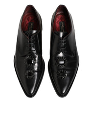 Black Leather Jeweled Crystals Derby Shoes