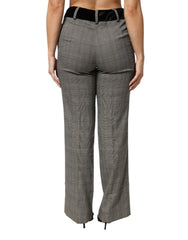 Gray Wool Blend Plaid Straight Leg Velvet Waist Pants