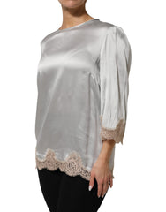 Gray Silk Satin Floral Lace Long Sleeve Top
