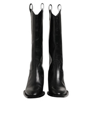 Black Leather Over The Calf Biker Boots Shoes