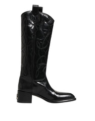 Black Leather Over The Calf Biker Boots Shoes