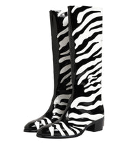 Black White Zebra Over The Calf Boots Shoes