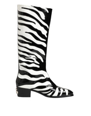 Black White Zebra Over The Calf Boots Shoes