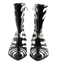 Black White Zebra Leather Mid Calf Boots Shoes