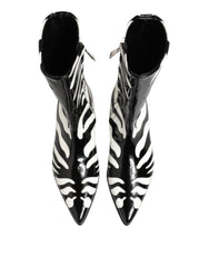 Black White Zebra Leather Mid Calf Boots Shoes