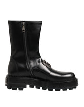 Black Logo Plaque Mid Calf Biker Boots Shoes