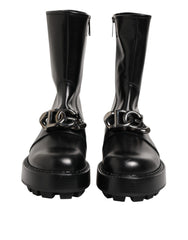 Black Logo Plaque Mid Calf Biker Boots Shoes