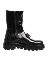 Black Logo Plaque Mid Calf Biker Boots Shoes