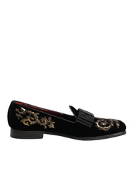 Black Velvet Embroidery Formal Loafers Shoes