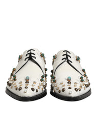 White Leather Crystals Embellished Derby Shoes