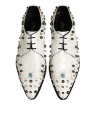 White Leather Crystals Embellished Derby Shoes