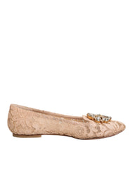 Beige Taormina Lace Crystals Flats Shoes