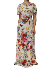 White Floral Print Silk Sheath Long Gown Dress