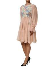 Pink Floral Embroidery Pleated A-line Dress