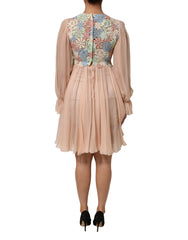 Pink Floral Embroidery Pleated A-line Dress