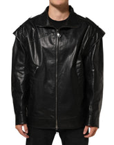 Black Leather Full Zip Biker Blouson Jacket