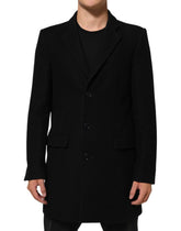 Black Wool Buttoned Men Trench Coat Jacket